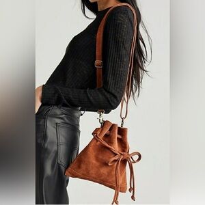 Free People Suede Drawstring Crossbody Bag in Cognac Brown